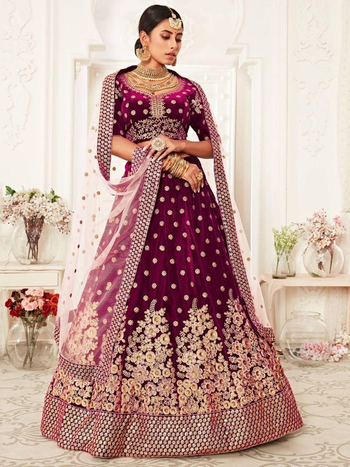 Attractive Purple Embroidered Velvet Bridal Lehenga Choli | Luxury Bridal Wear