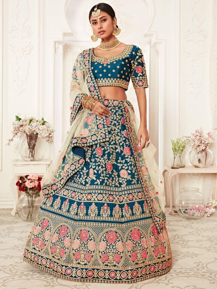 Breathtaking Teal Blue Bridal Lehenga Choli | Embroidered Silk Wedding Set