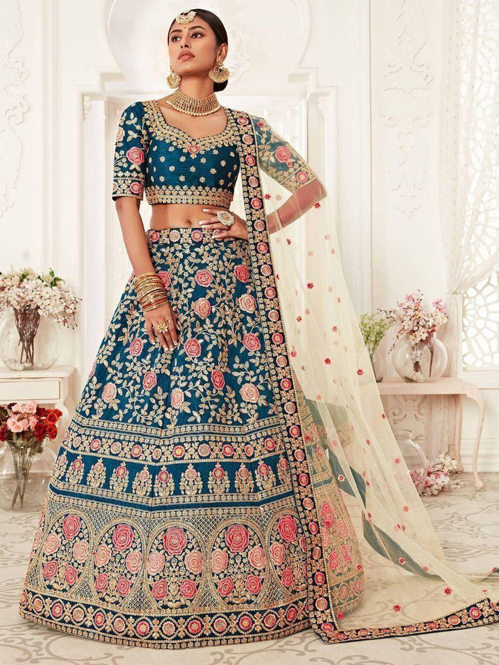 Breathtaking Teal Blue Bridal Lehenga Choli | Embroidered Silk Wedding Set