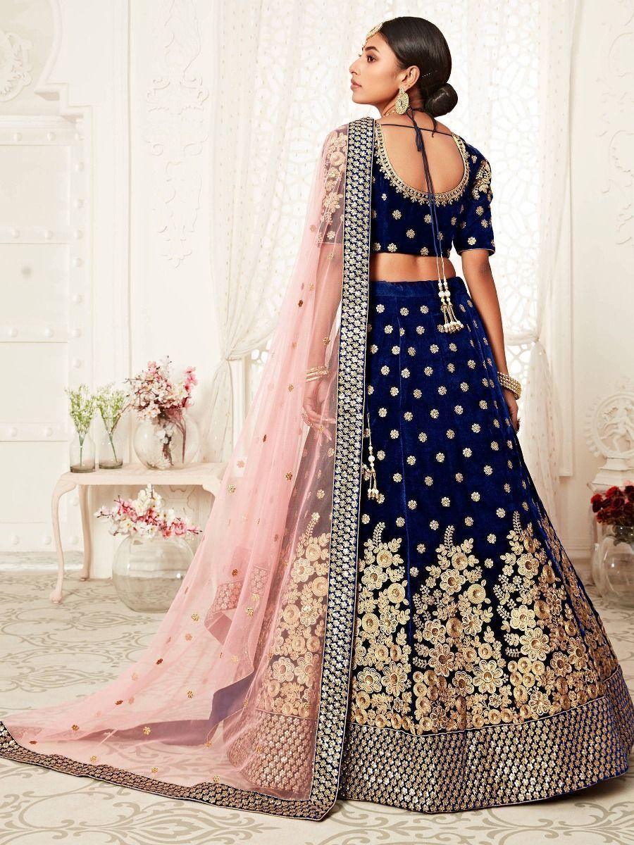 Stunning Navy Blue Velvet Bridal Lehenga | Zari & Dori Embroidered Choli