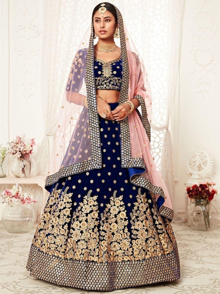 Stunning Navy Blue Velvet Bridal Lehenga | Zari & Dori Embroidered Choli