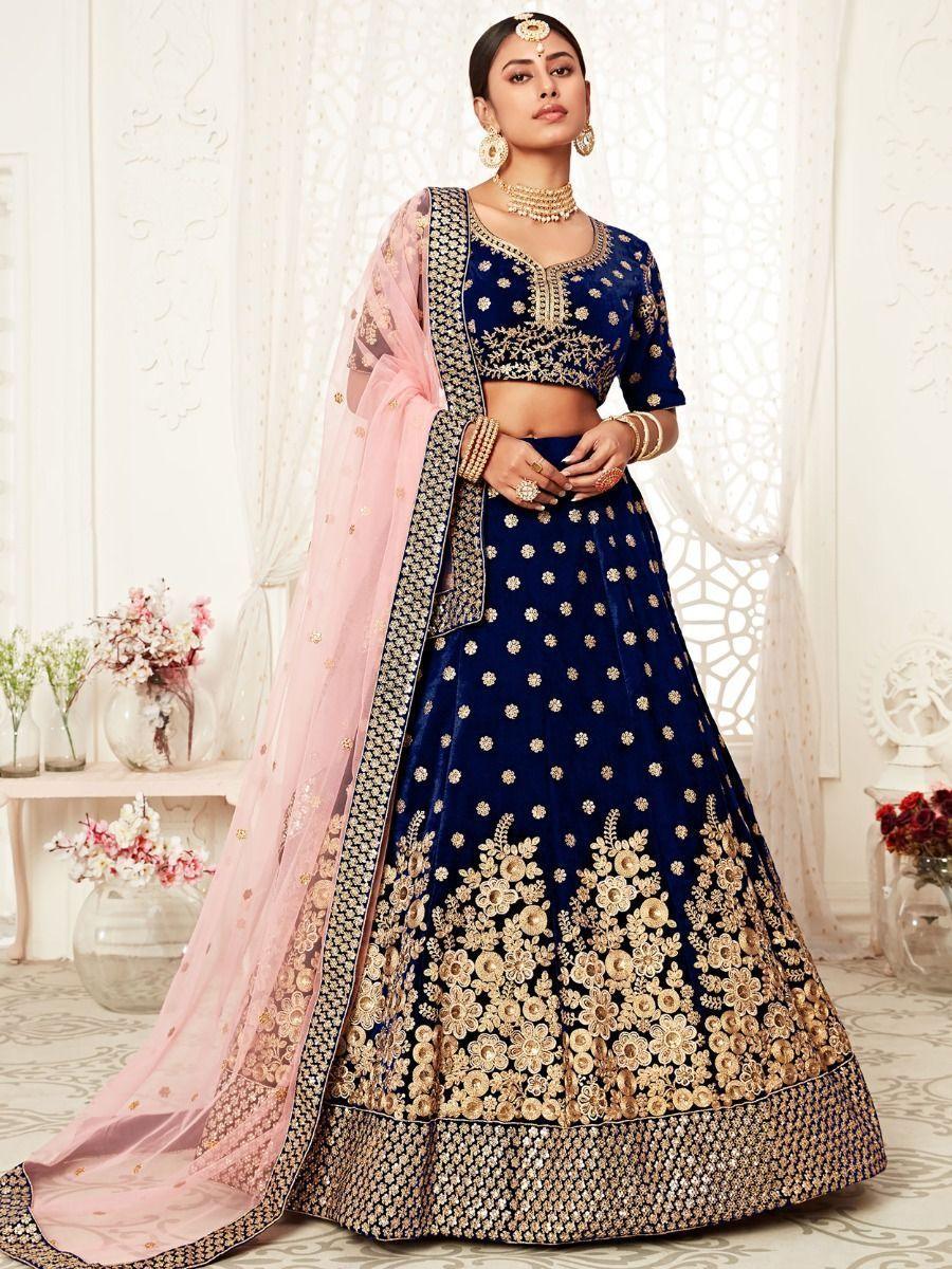 Stunning Navy Blue Velvet Bridal Lehenga | Zari & Dori Embroidered Choli