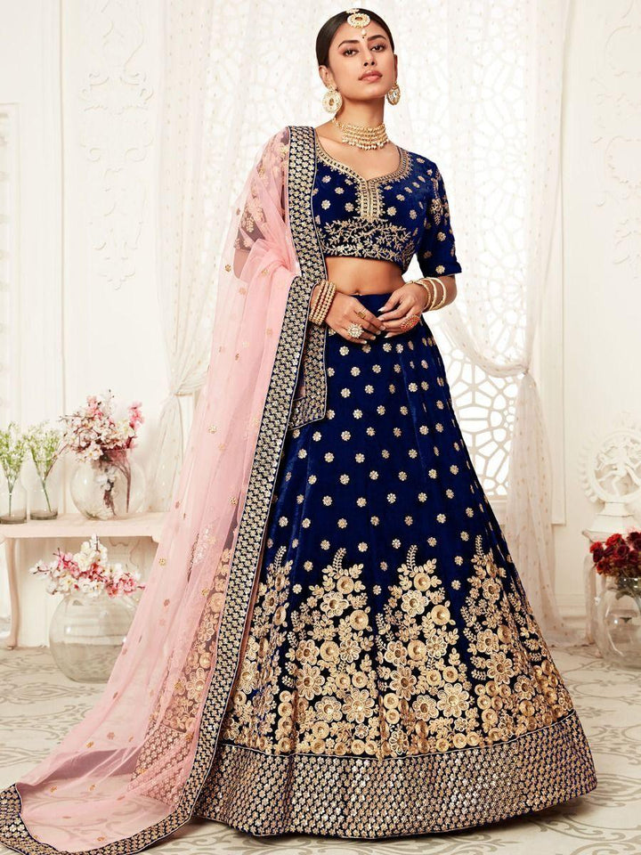 Stunning Navy Blue Velvet Bridal Lehenga | Zari & Dori Embroidered Choli