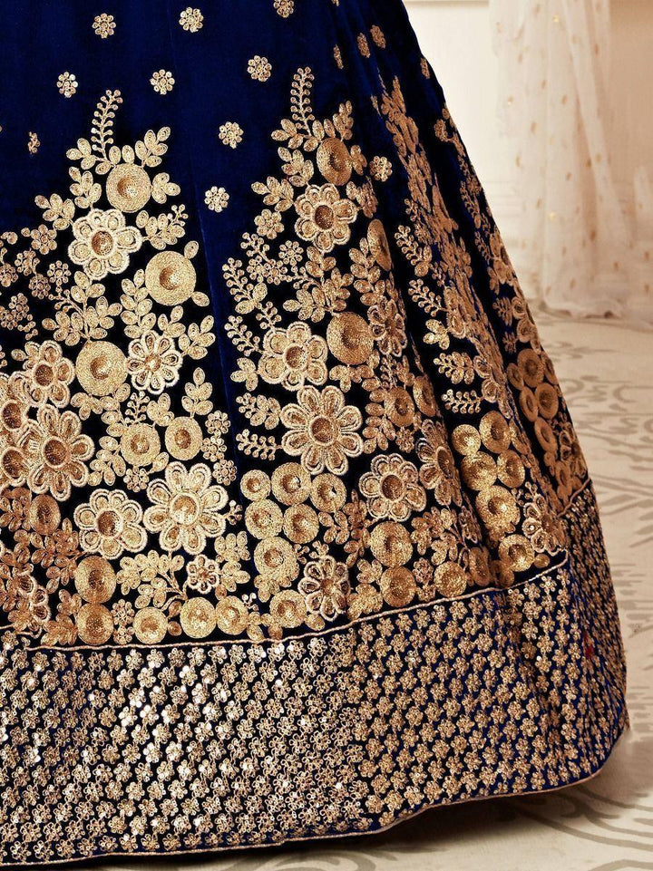 Stunning Navy Blue Velvet Bridal Lehenga | Zari & Dori Embroidered Choli