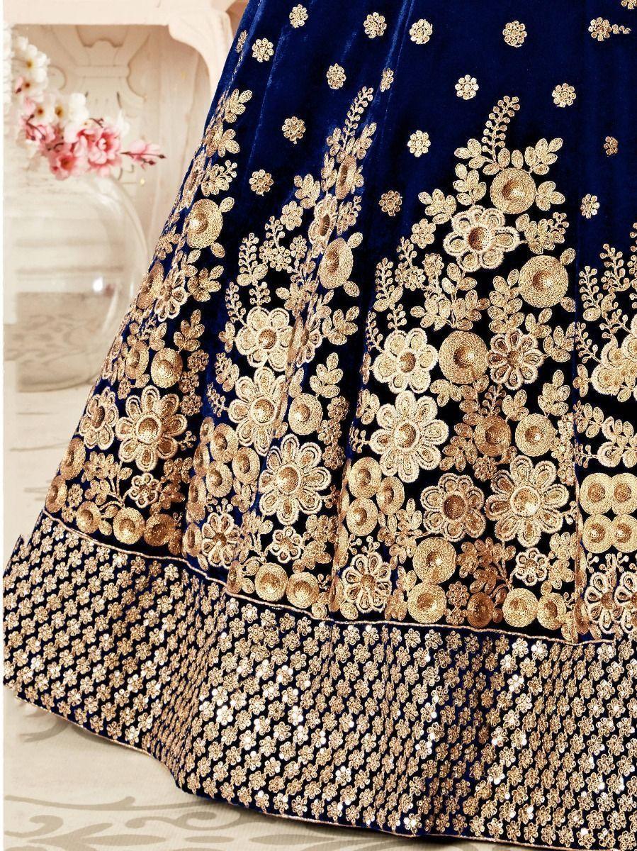 Stunning Navy Blue Velvet Bridal Lehenga | Zari & Dori Embroidered Choli