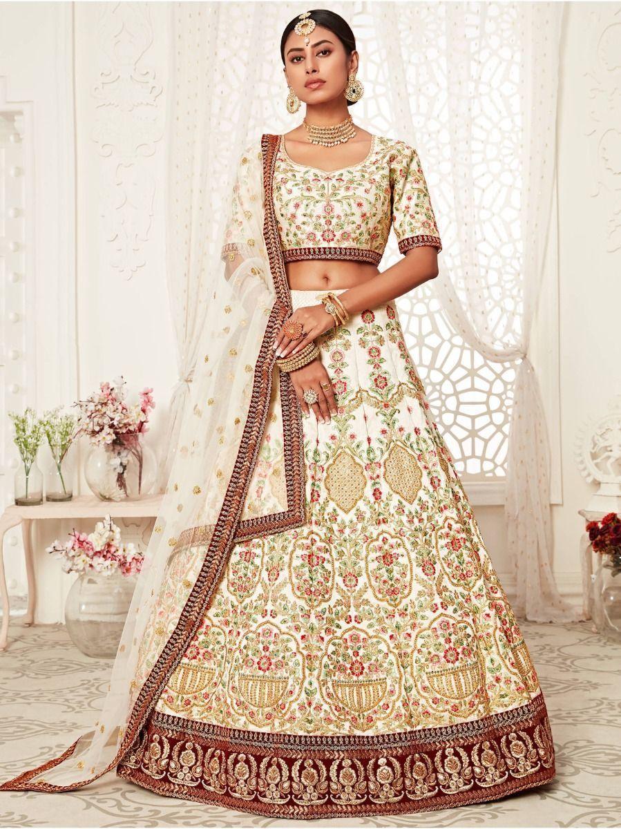 Exquisite Off-White Silk Wedding Lehenga | Embroidered Choli with Soft Dupatta