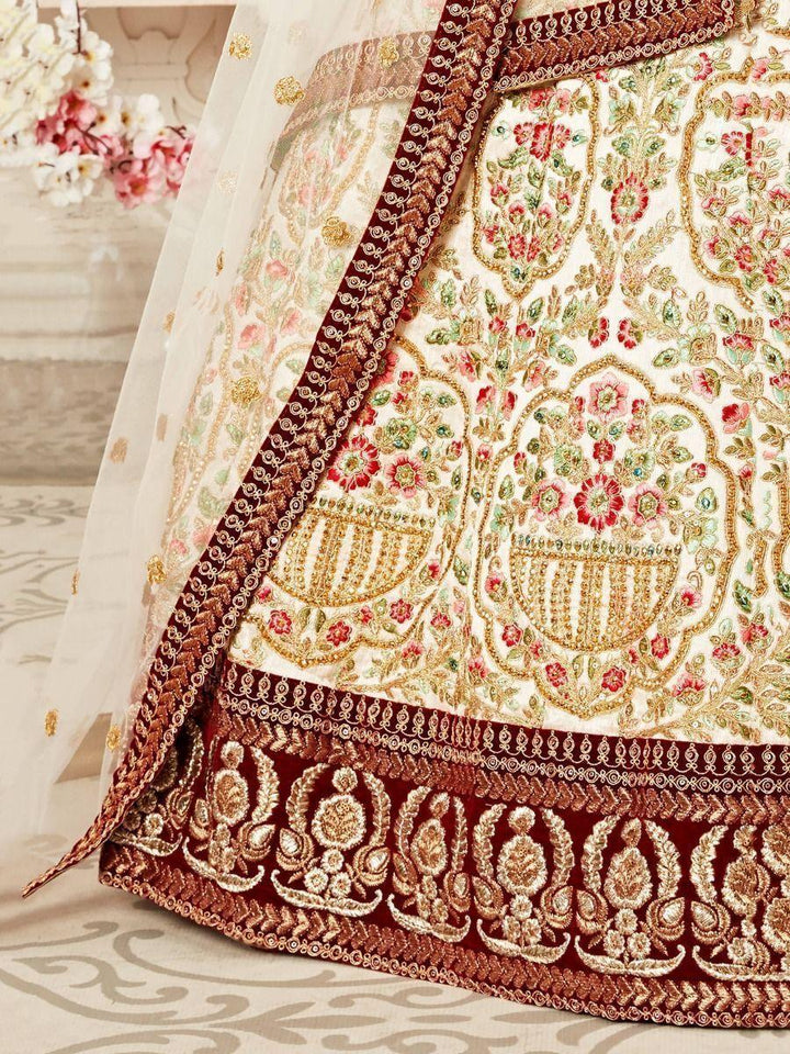 Exquisite Off-White Silk Wedding Lehenga | Embroidered Choli with Soft Dupatta