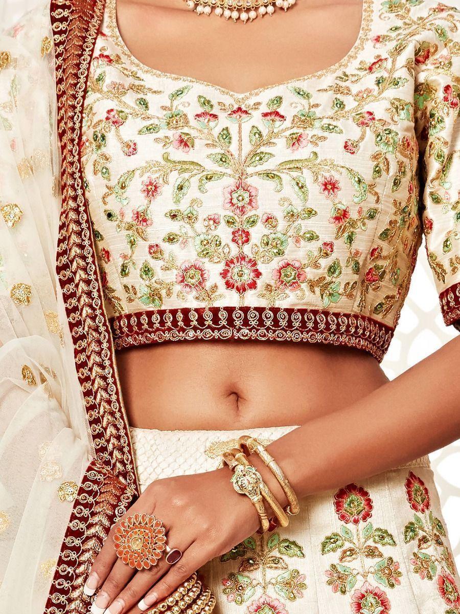 Exquisite Off-White Silk Wedding Lehenga | Embroidered Choli with Soft Dupatta