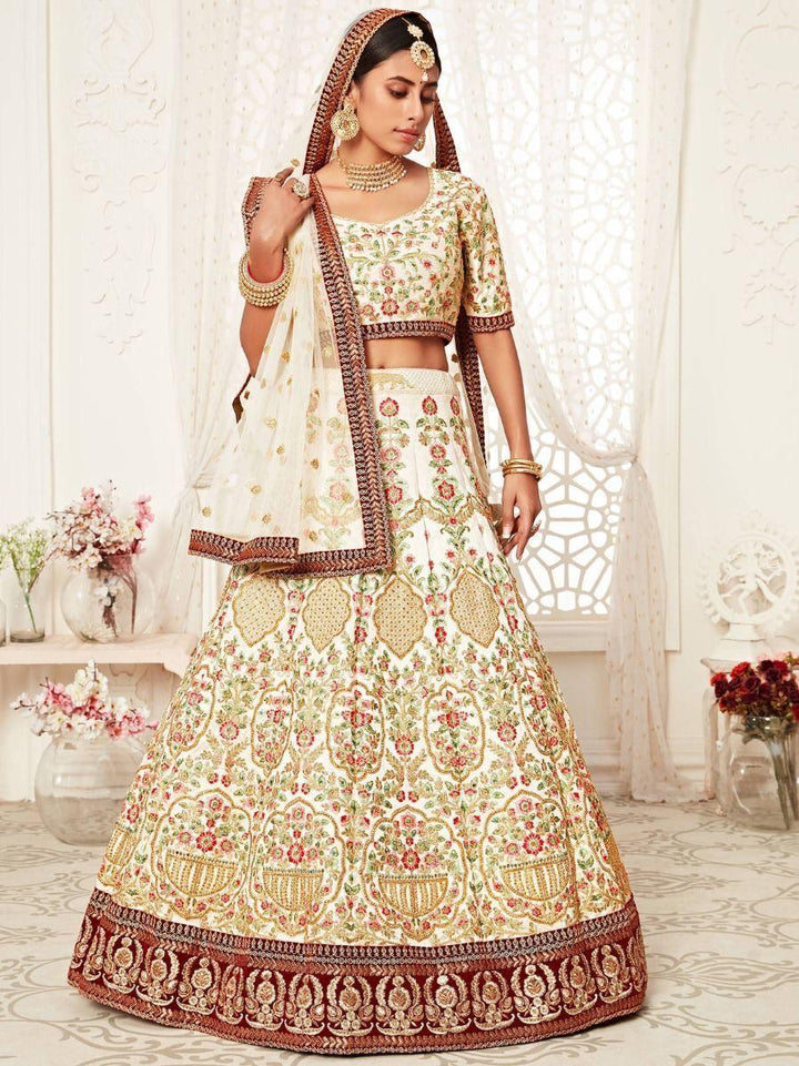 Exquisite Off-White Silk Wedding Lehenga | Embroidered Choli with Soft Dupatta