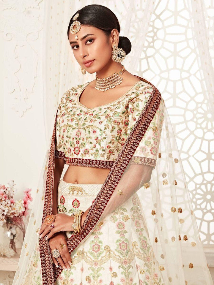 Exquisite Off-White Silk Wedding Lehenga | Embroidered Choli with Soft Dupatta