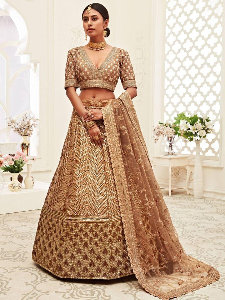 Exquisite Brown Slub Silk Wedding Lehenga | Bridal Wear with Zari & Dori Work