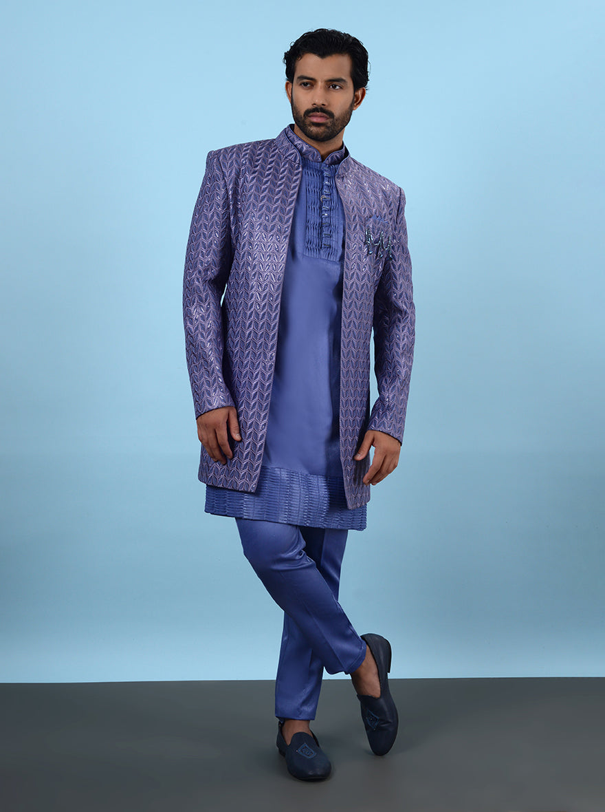 Purple & blue silk blend embroidered Indowestern, men’s festive wear