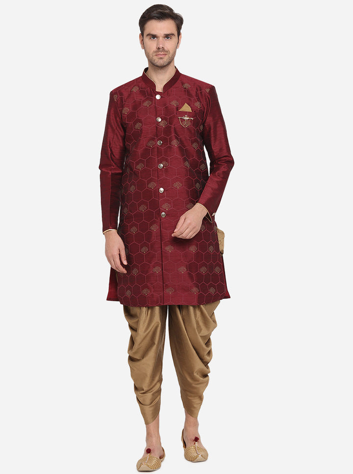 This Maroon Semi-Indowestern, combining a kurta and dhoti, is ideal for showcasing elegance at Indian celebrations in the USA men's wear collection.