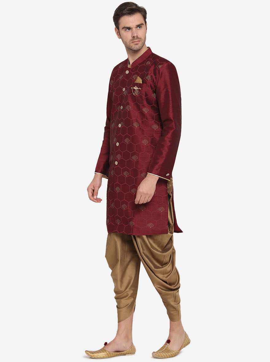 Achieve a classy look at any Indian party with this Maroon Semi-Indowestern, featuring a stylish kurta and dhoti, perfect for traditional attire in the USA.