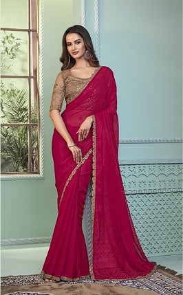 Designer Georgette Saree | Vibrant Bright Pink Indian Sadi for Parties