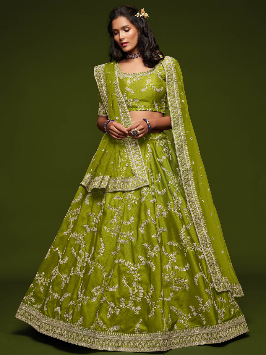 Neon green art silk lehenga with embroidery and sequins for weddings.