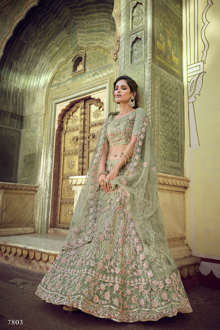 Green Bridal Lehenga Choli | Soft Net Lehenga for Wedding & Parties