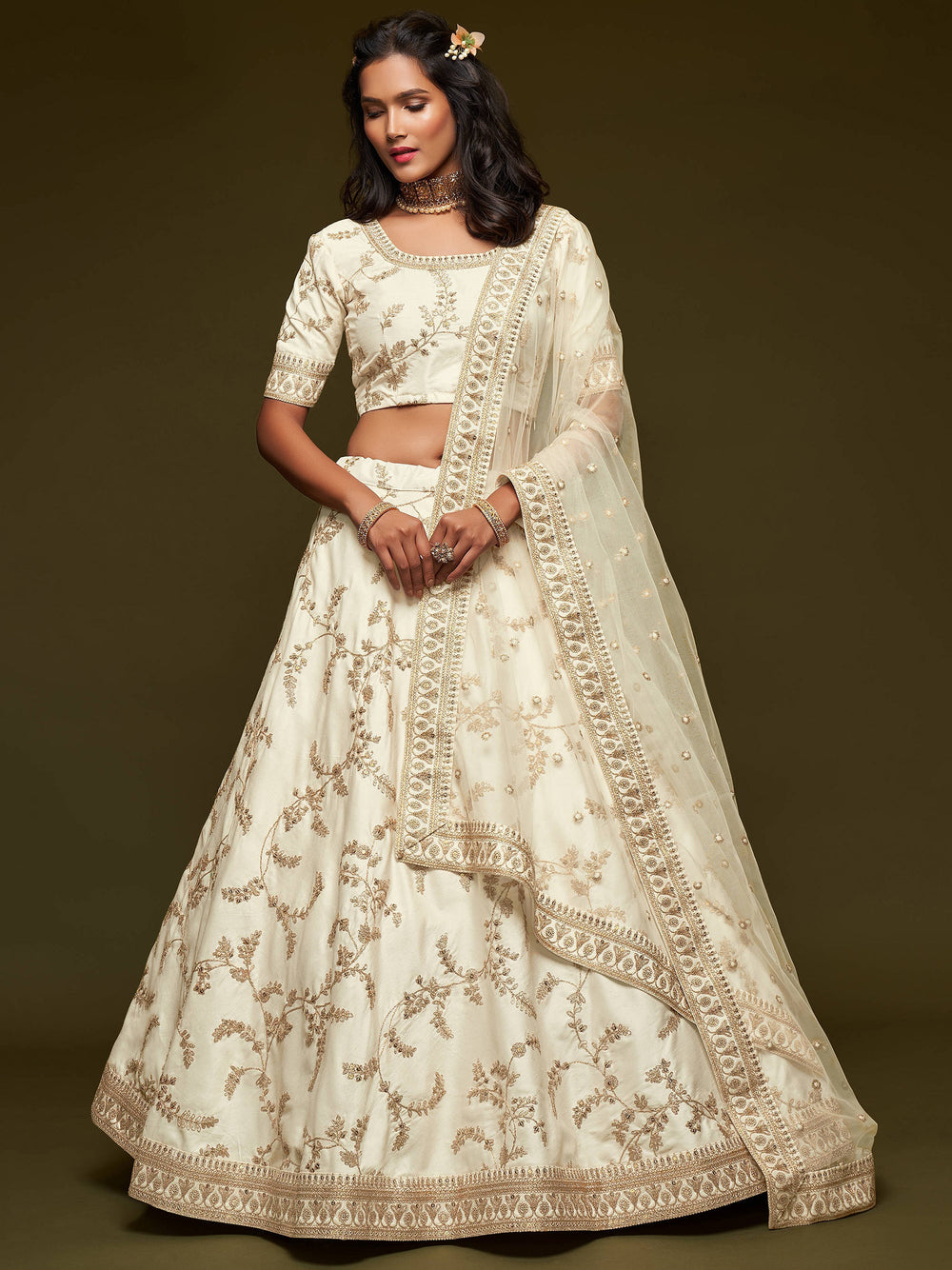 Art silk white lehenga choli with net dupatta and lace detailing