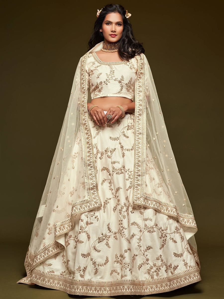 White bridal lehenga with zari and thread embroidery for weddings