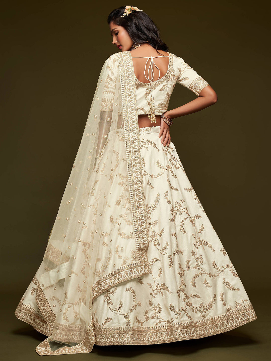 Semi-stitched white crop top lehenga for weddings and engagements