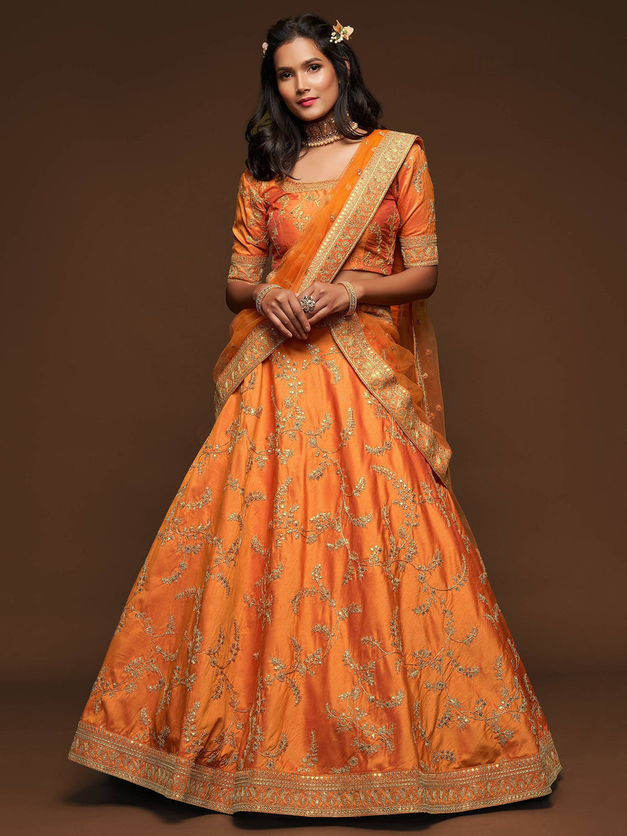 Orange bridal lehenga with zari and thread embroidery for weddings