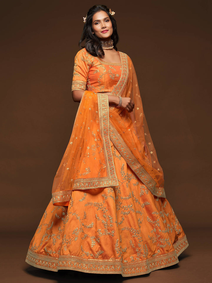 Art silk orange lehenga choli with net dupatta and lace detailing