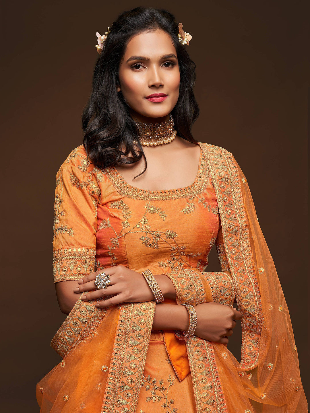 Traditional orange lehenga dress with attached can-can inside