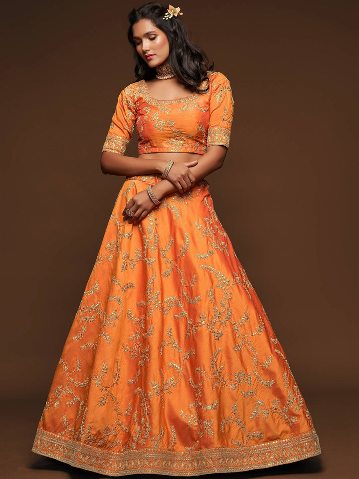 Orange party wear lehenga with sequin and dori embroidery work