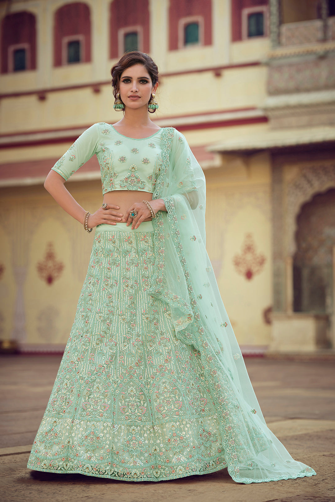 Green Bridal Lehenga Choli | Soft Net Lehenga for Weddings & Parties