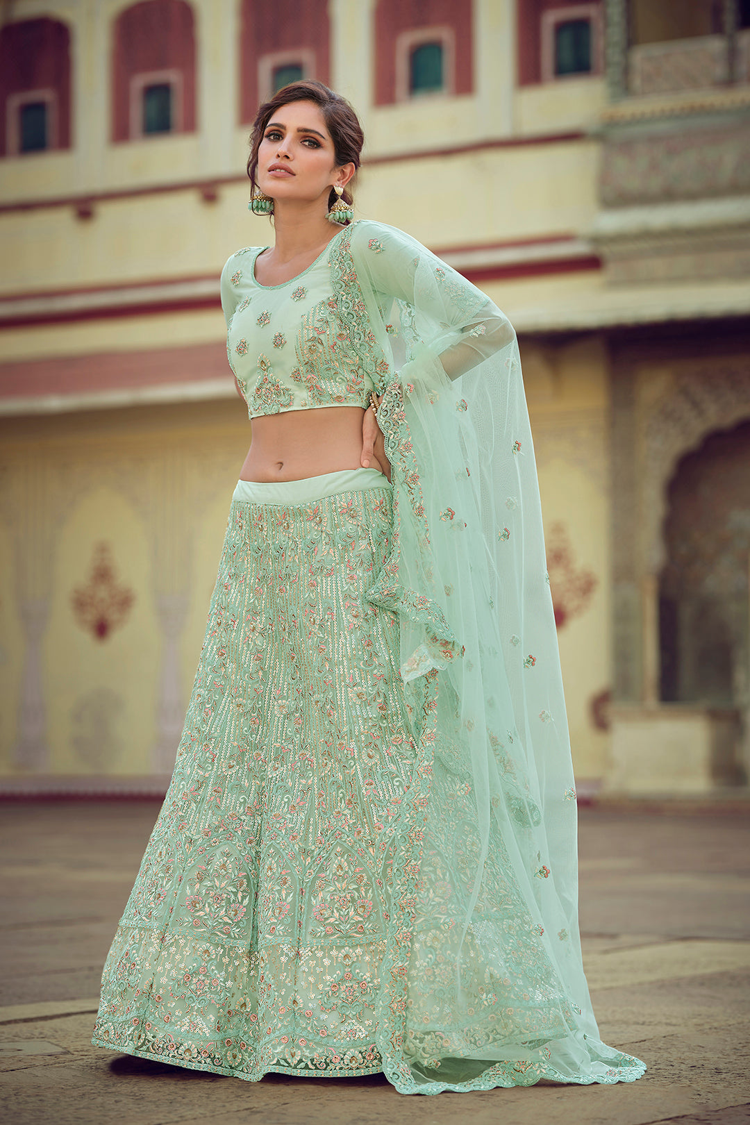 Green Bridal Lehenga Choli | Soft Net Lehenga for Weddings & Parties