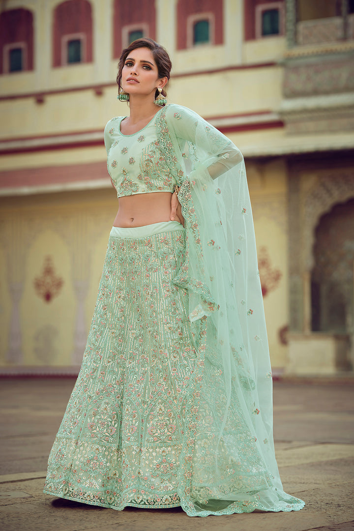 Green Bridal Lehenga Choli | Soft Net Lehenga for Weddings & Parties