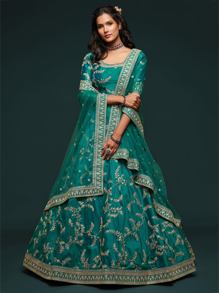 Green bridal lehenga with zari and thread embroidery for weddings