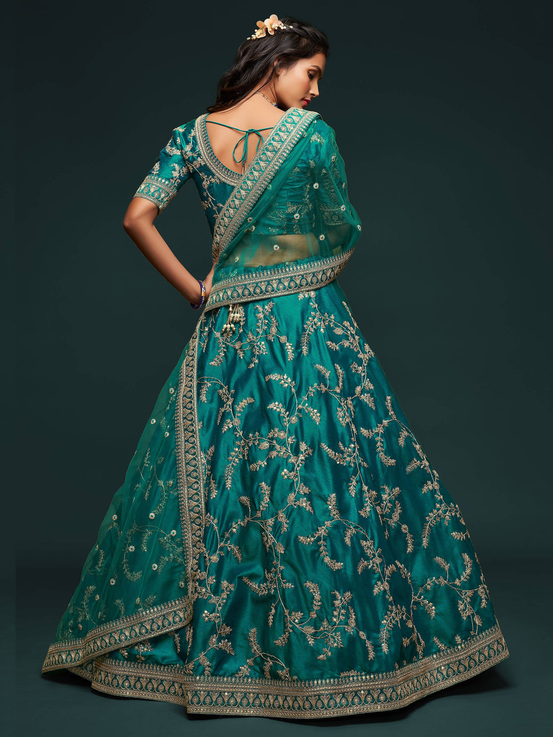 Semi-stitched green crop top lehenga for sangeet and receptions