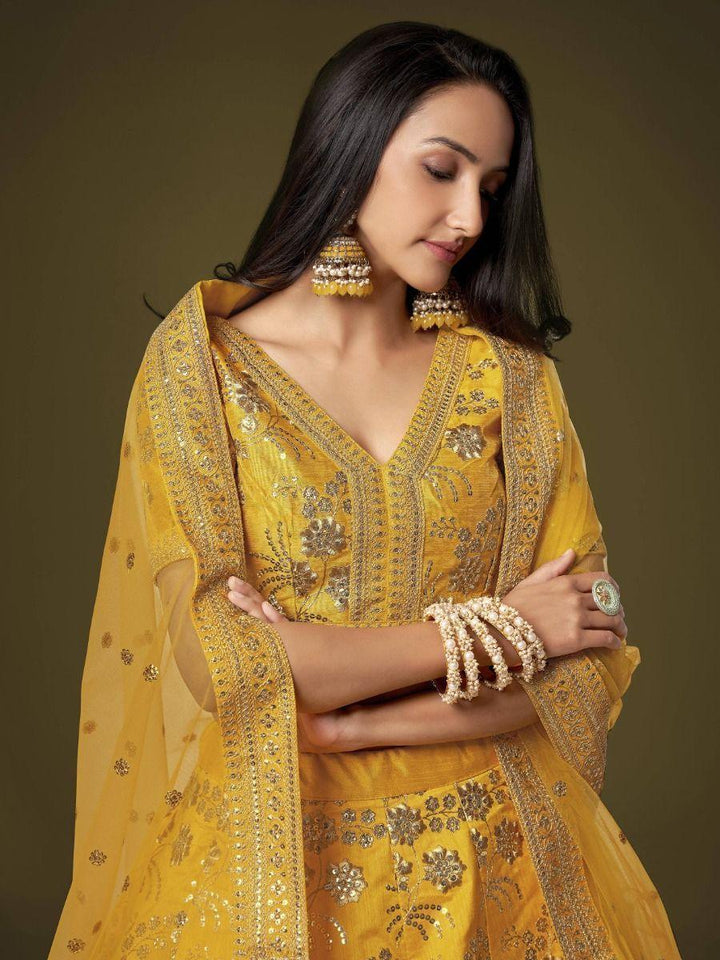 Gorgeous Yellow Lehenga Choli | Slub Silk Wedding Wear with Embroidery