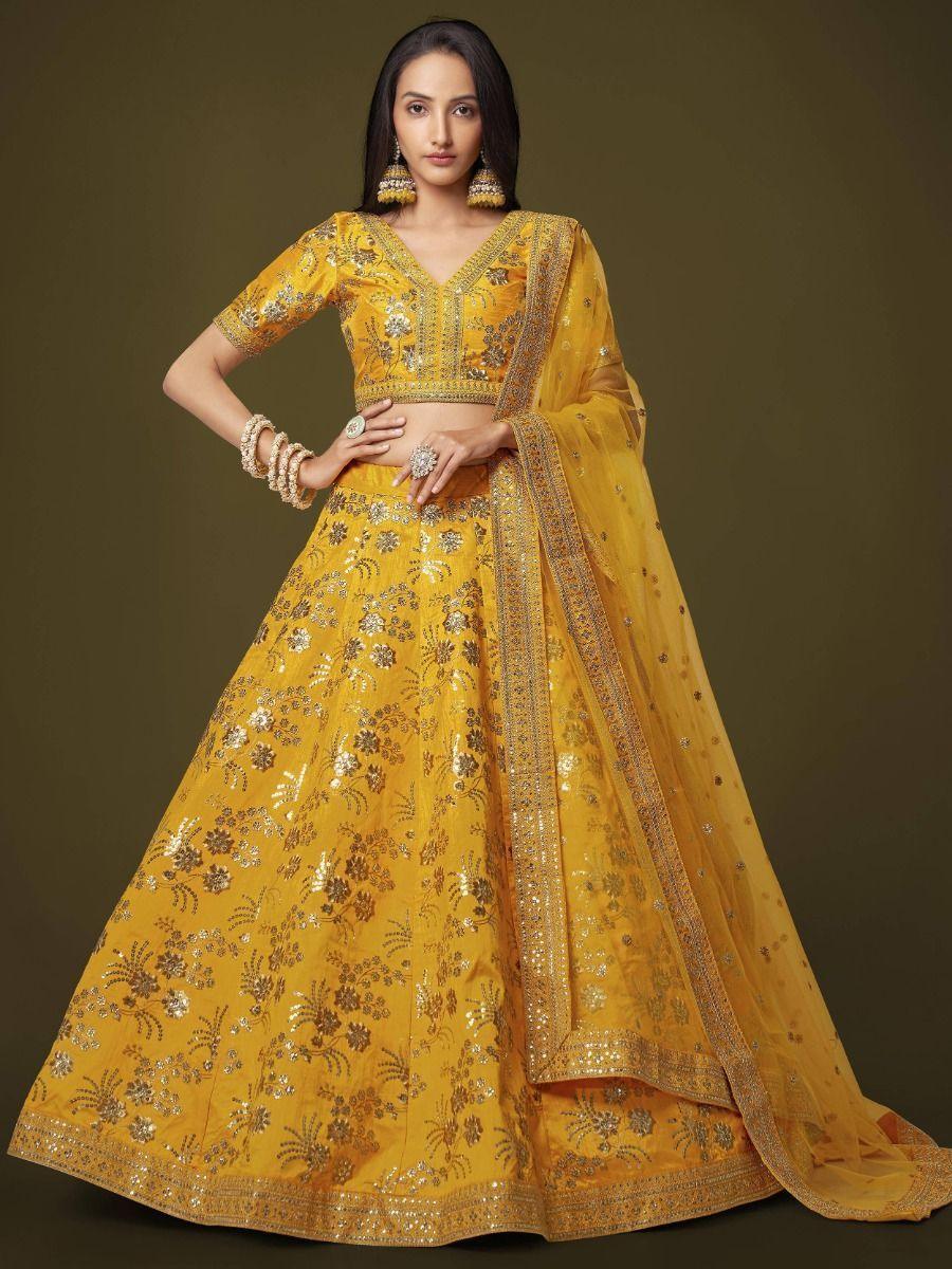 Gorgeous Yellow Lehenga Choli | Slub Silk Wedding Wear with Embroidery