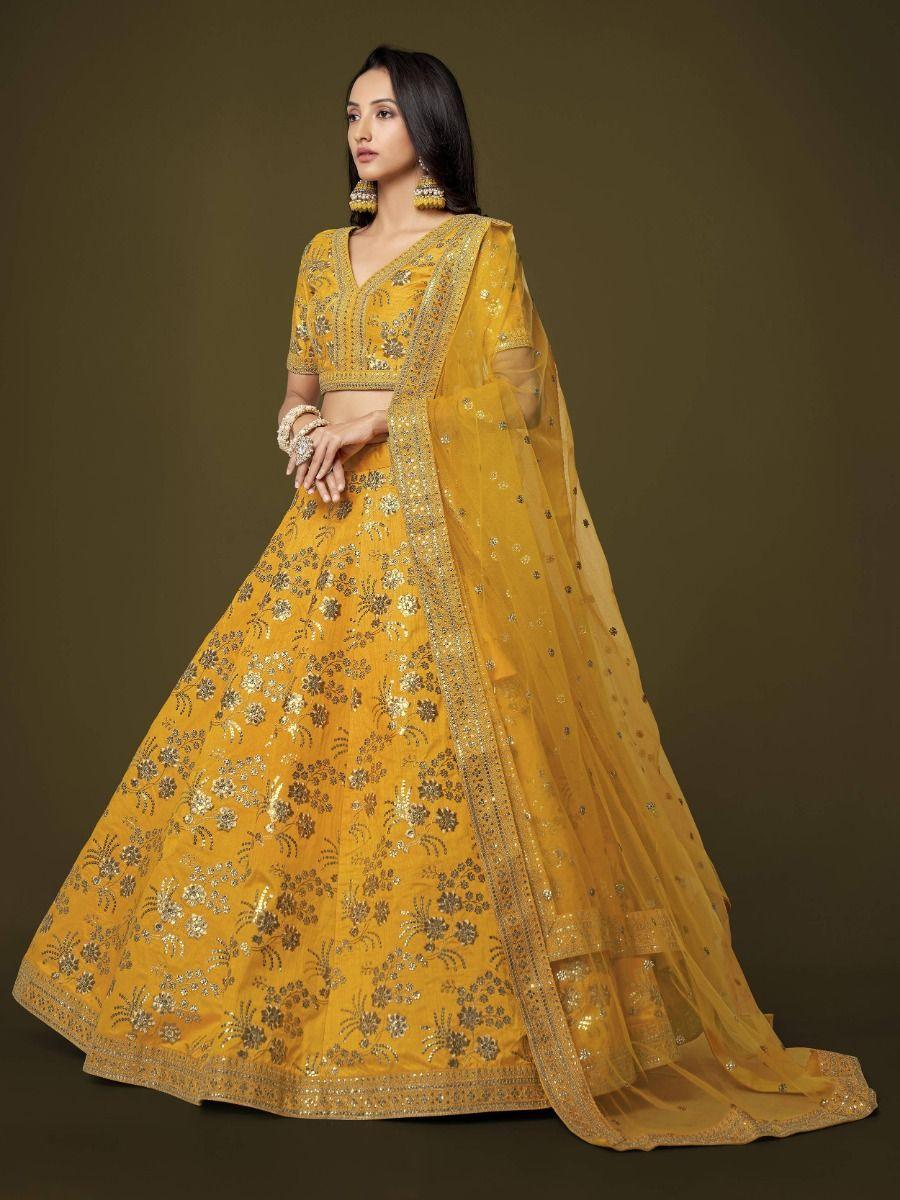 Gorgeous Yellow Lehenga Choli | Slub Silk Wedding Wear with Embroidery