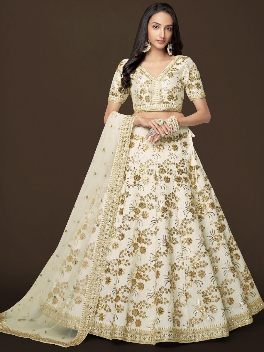 White Lehenga Choli with Sequins | Slub Silk Engagement & Bridal Wear