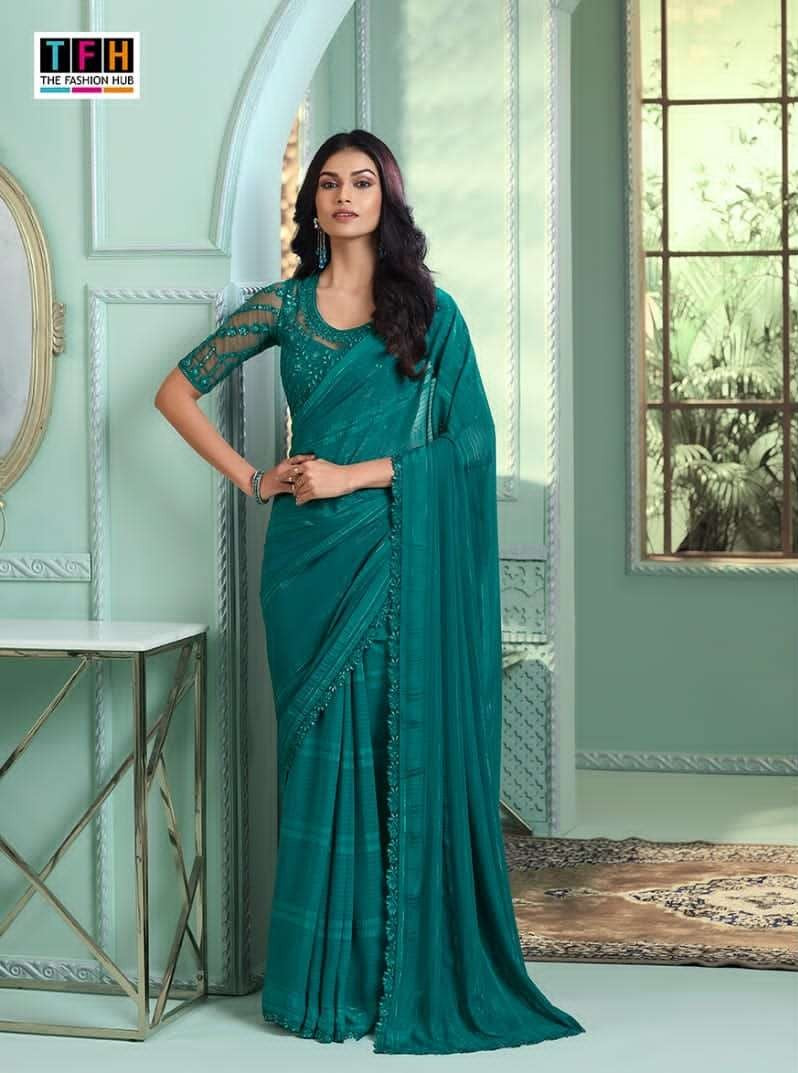 Rainbow Pattern Teal Chiffon Saree | Indian Saree for Special Occasions