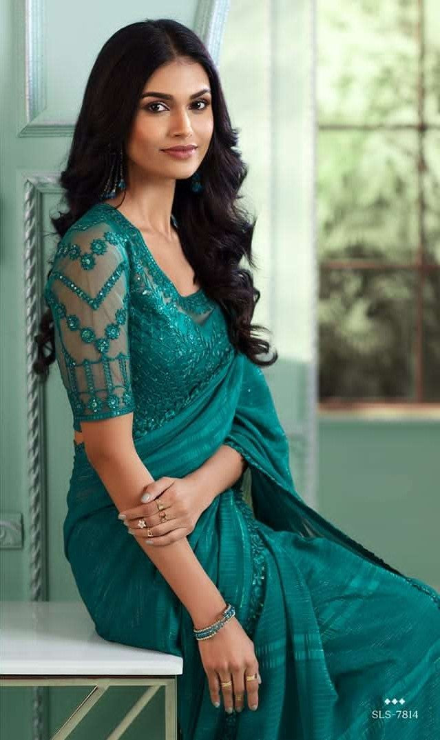 Rainbow Pattern Teal Chiffon Saree | Indian Saree for Special Occasions