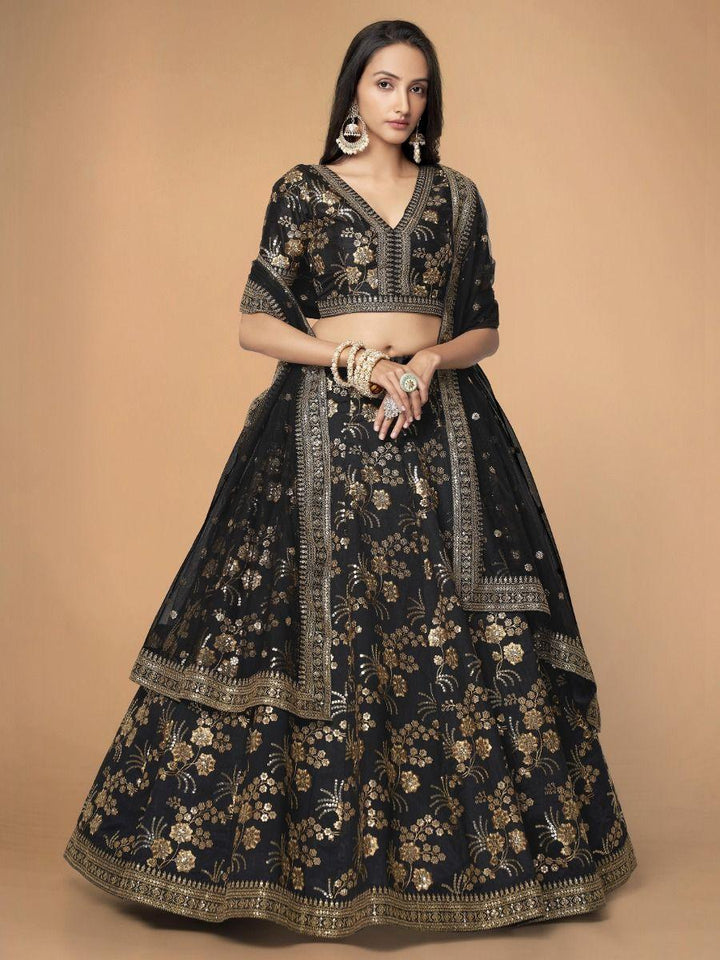 Customizable Black Lehenga Choli | Silk, Sequins, and Embroidery for Weddings