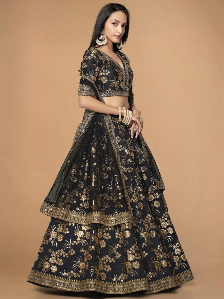 Customizable Black Lehenga Choli | Silk, Sequins, and Embroidery for Weddings