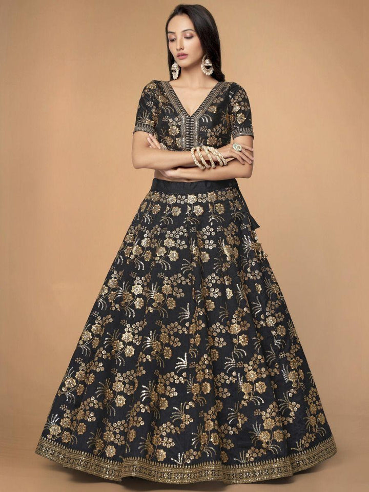 Customizable Black Lehenga Choli | Silk, Sequins, and Embroidery for Weddings