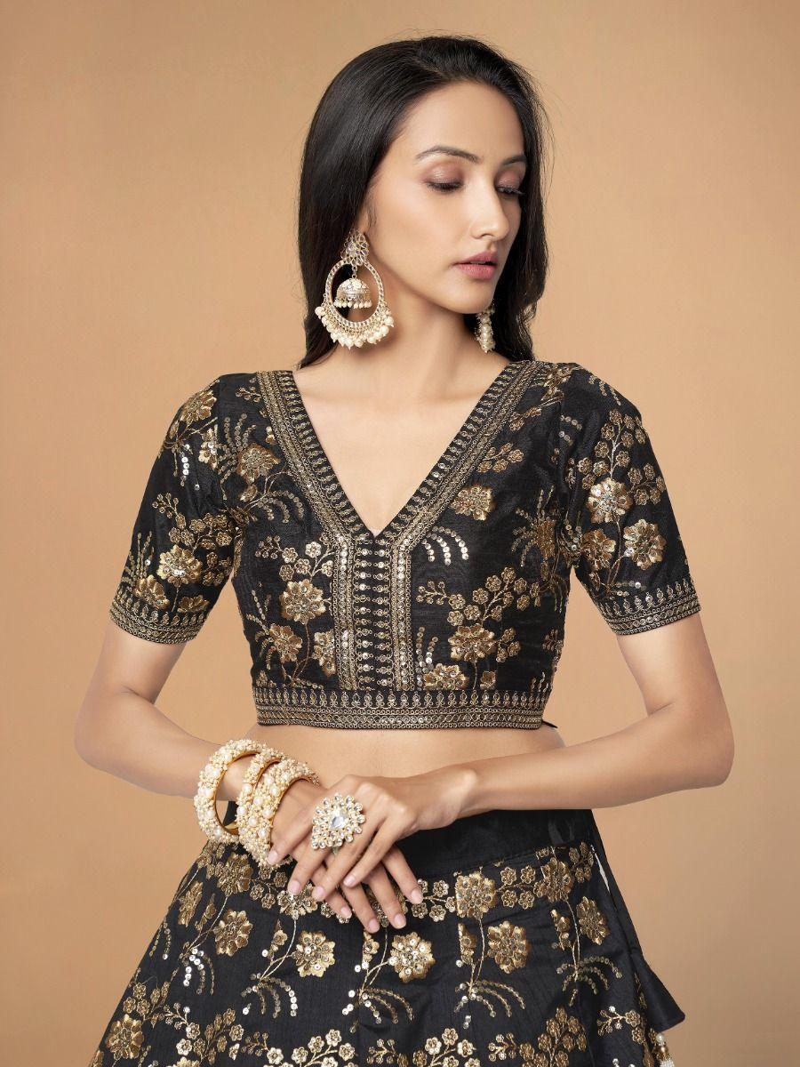 Customizable Black Lehenga Choli | Silk, Sequins, and Embroidery for Weddings