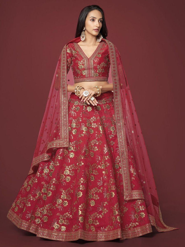 Alluring Red Lehenga Choli | Slub Silk with Thread Embroidery & Sequins