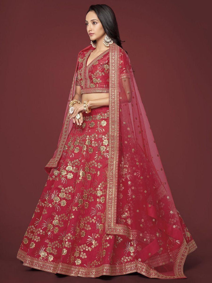 Alluring Red Lehenga Choli | Slub Silk with Thread Embroidery & Sequins