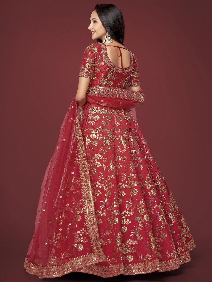 Alluring Red Lehenga Choli | Slub Silk with Thread Embroidery & Sequins