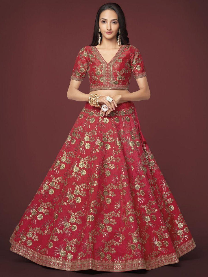 Alluring Red Lehenga Choli | Slub Silk with Thread Embroidery & Sequins