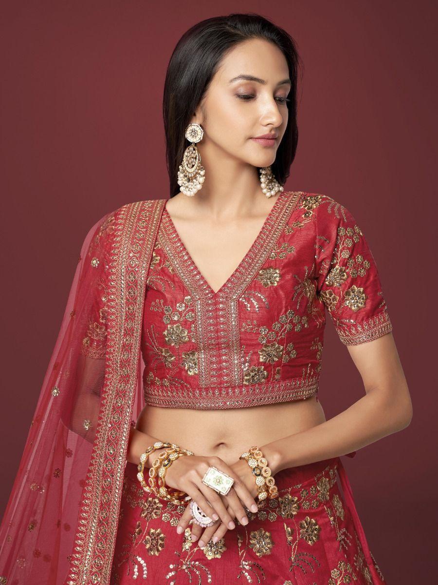 Alluring Red Lehenga Choli | Slub Silk with Thread Embroidery & Sequins