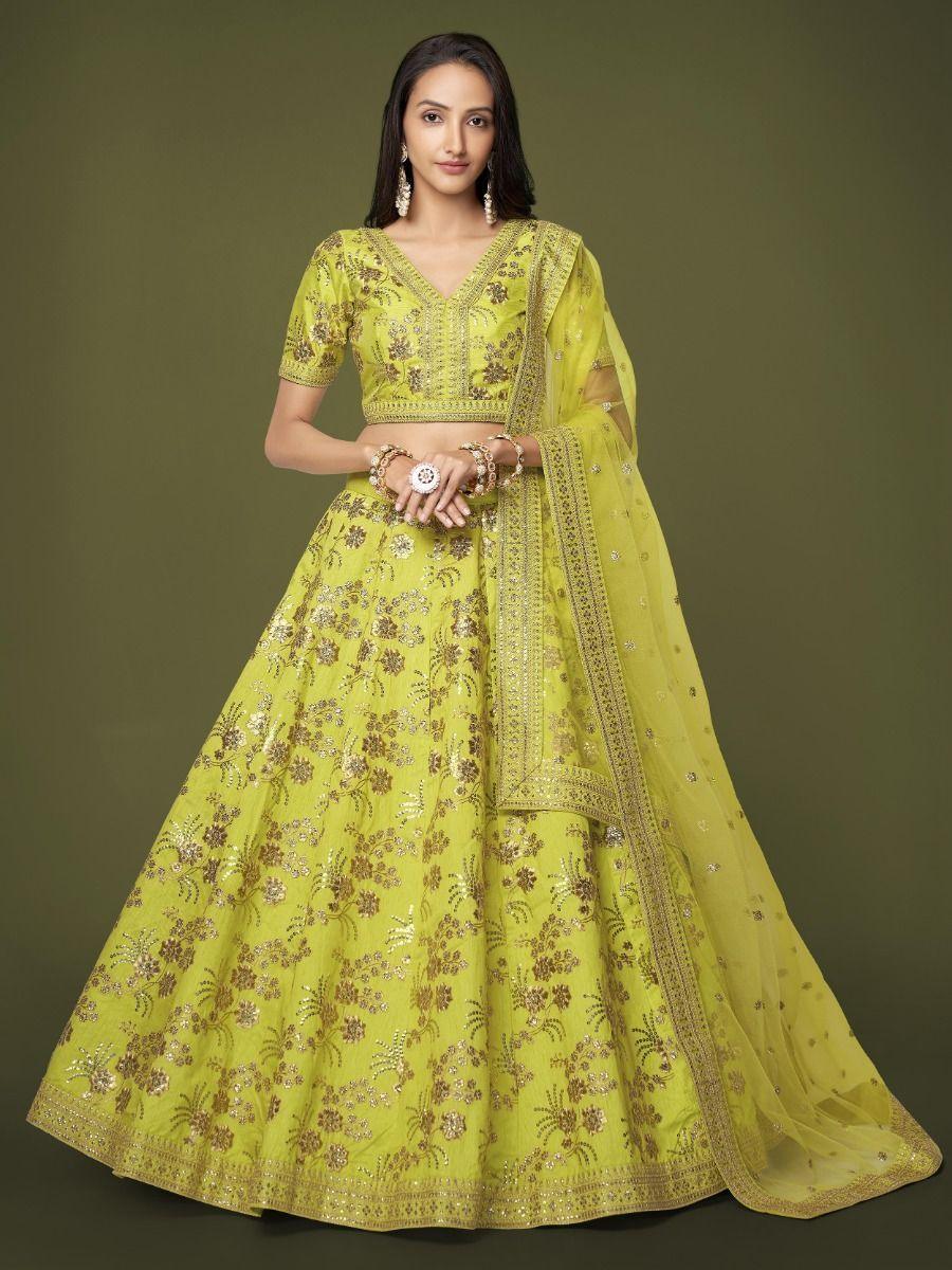 Eye-Catching Neon Green Lehenga | Slub Silk with Sequins & Dori Work for Weddings