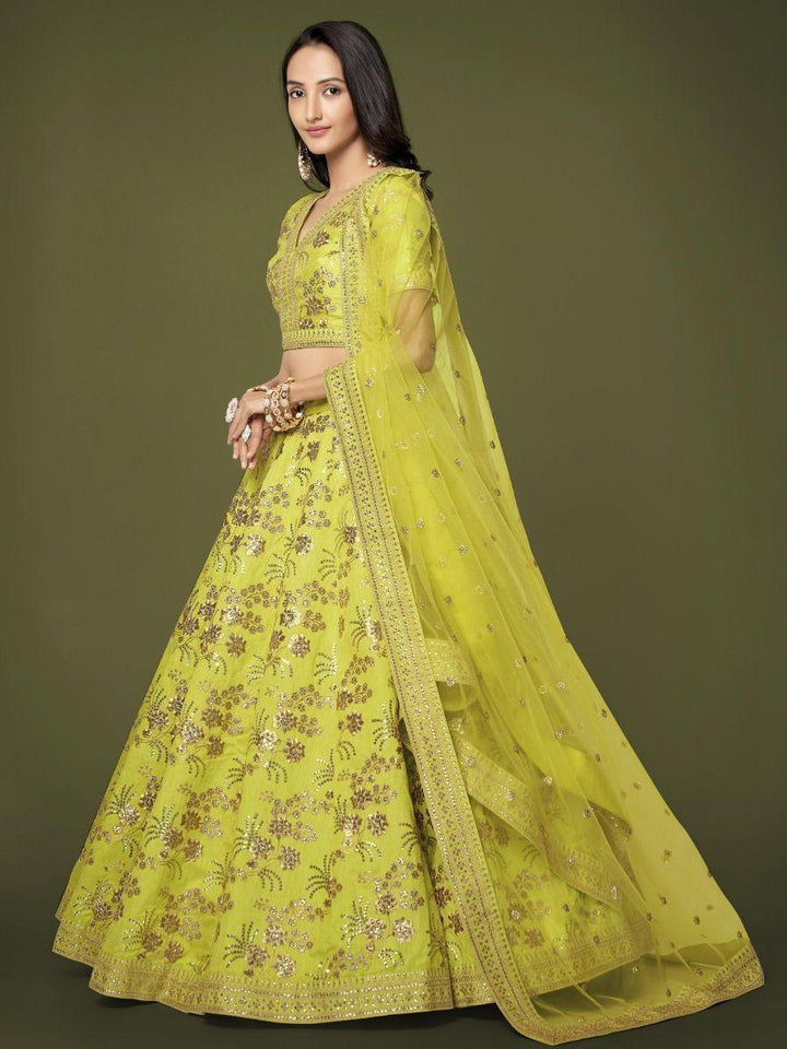 Eye-Catching Neon Green Lehenga | Slub Silk with Sequins & Dori Work for Weddings